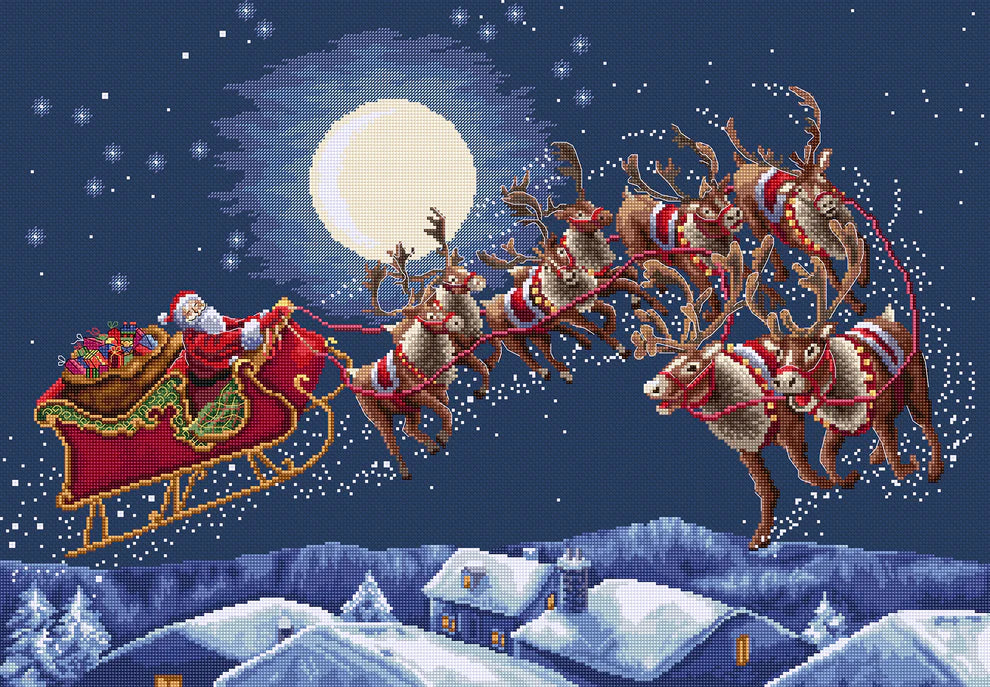 Kit de punto de cruz Letistitch Vuelo de Nochebuena con diseño de Papá Noel en trineo tirado por renos sobre un cielo azul con luna llena.