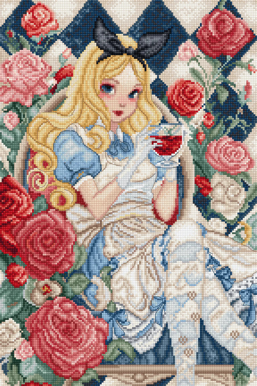 Kit de punto de cruz Letistitch Un Vistazo al País de las Maravillas con diseño de joven rubia con lazo negro, vestido azul y fondo floral con rosas.