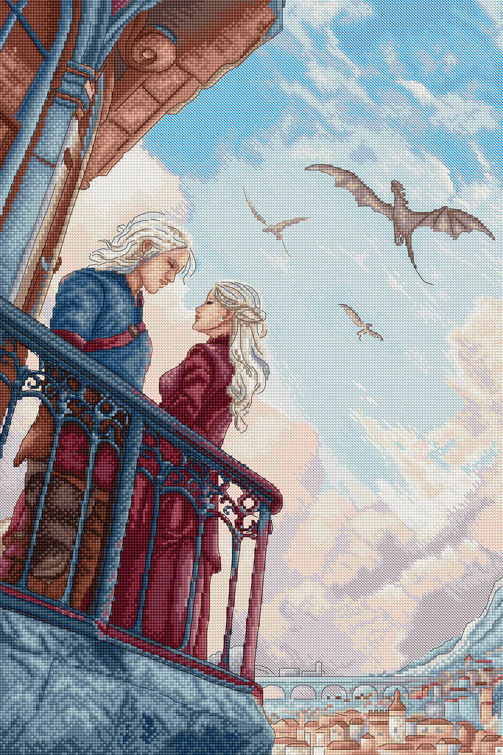 Kit de punto de cruz Letistitch Corazones sobre Reyes con diseño de pareja en balcón observando dragones volando sobre una ciudad al amanecer.