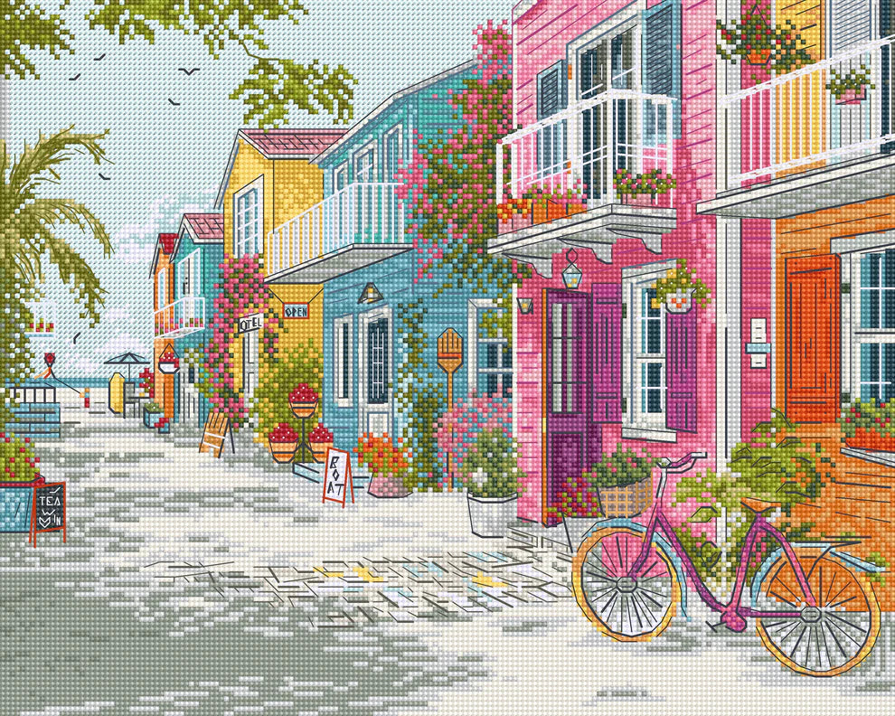 Kit de punto de cruz Letistitch Seaside Harmony con escena de casas costeras coloridas y ambiente marítimo relajante.