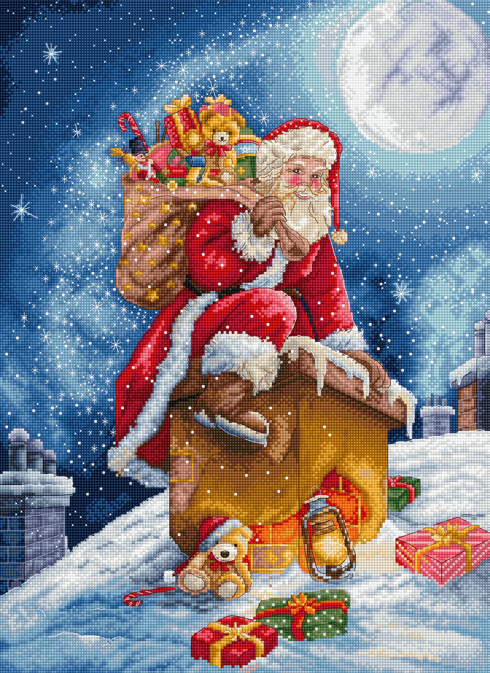 Kit de punto de cruz Letistitch Santa’s Secret Stop con Papá Noel en una escena nocturna navideña llena de regalos y nieve.