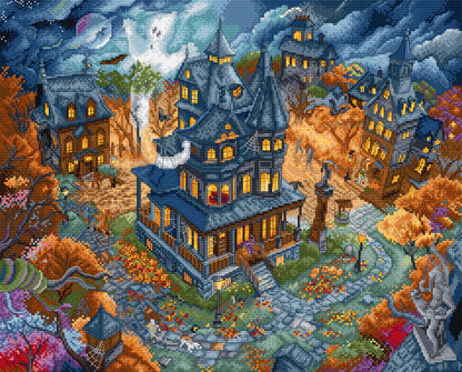 Kit de punto de cruz Letistitch Haunted Happenings con casas encantadas iluminadas en una escena nocturna de fantasía y Halloween.