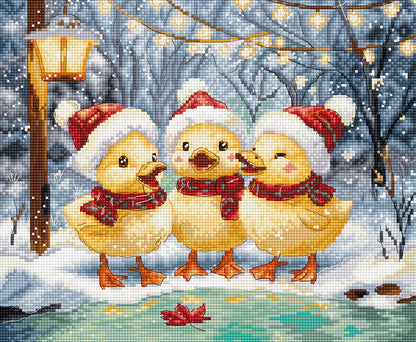 Kit de punto de cruz Letistitch Holiday Ducklings con patitos navideños vestidos para el invierno en una escena nevada.