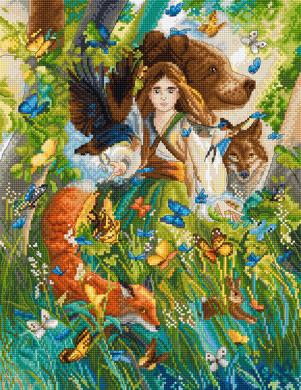 Kit de punto de cruz Letistitch Magic Friendships con escena mágica de niña y animales del bosque bordado sobre tela Zweigart Aida 16ct.