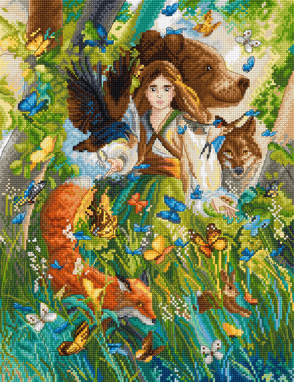 Kit de punto de cruz Letistitch Magic Friendships con escena mágica de niña y animales del bosque bordado sobre tela Zweigart Aida 16ct.