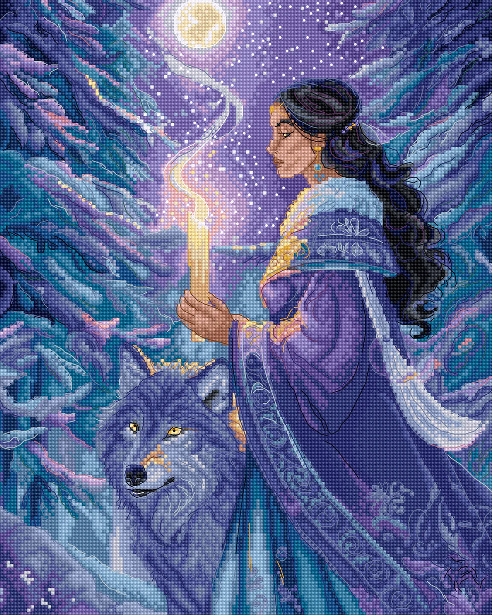 Kit de punto de cruz Letistitch Arctic Enchantress con hechicera invernal y lobo bajo la luna en escena de fantasía.