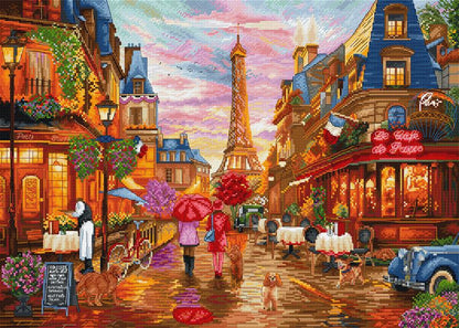 Kit de punto de cruz Letistitch Después de la lluvia París con paisaje romántico parisino y Torre Eiffel bordado sobre tela Zweigart Aida 16ct blanca.