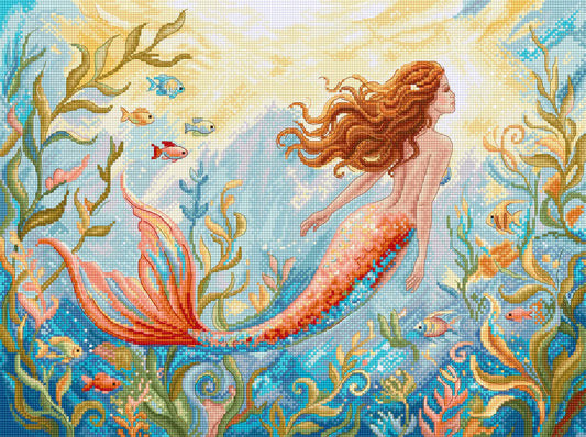 Kit de punto de cruz Letistitch Sueños de Sirena con sirena de cola turquesa y roja nadando entre corales, peces y plantas marinas en aguas azules.