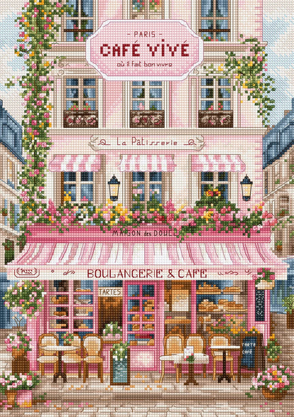Kit de punto de cruz Letistitch Dulce Calle Parisina con fachada de boulangerie y café parisino, toldos rosas a rayas, flores trepadoras y terraza con mesitas.
