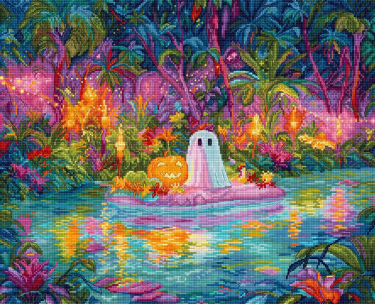 Kit de punto de cruz Letistitch La Cala del Fantasma Luminoso con fantasma blanco y calabaza de Halloween en cala tropical iluminada con reflejos de colores vibrantes.