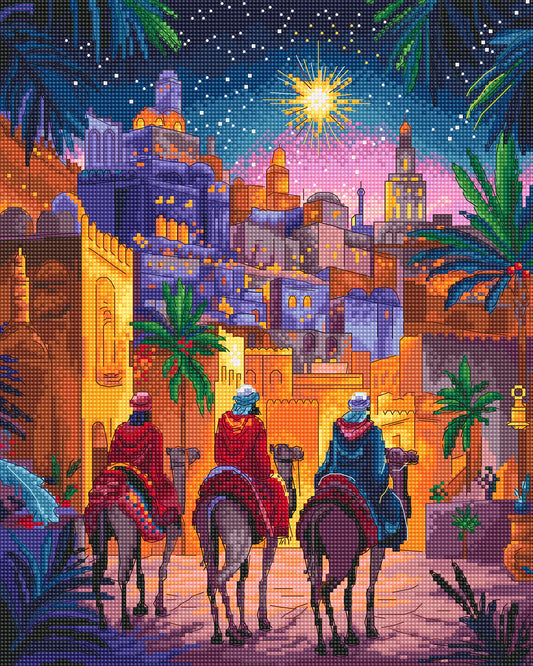 Kit de punto de cruz Letistitch Reyes Magos con escena navideña de los tres Reyes Magos recorriendo una ciudad oriental iluminada bajo un cielo estrellado.