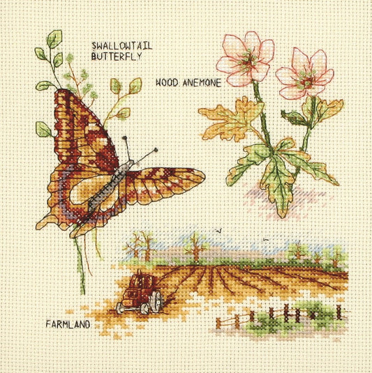 Kit de punto de cruz Otoño, estilo otoñal con campo de arado, mariposa y flores de Anchor