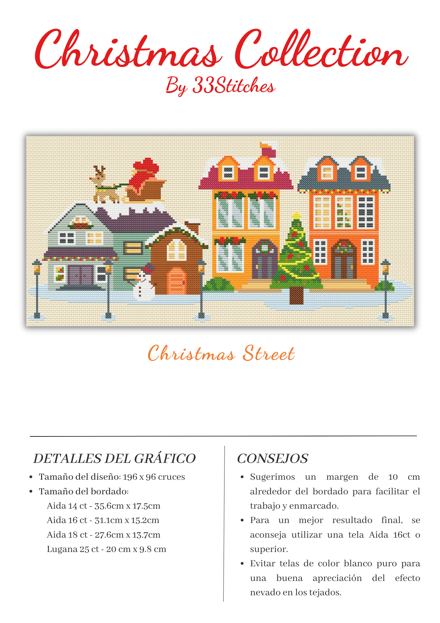 Información gráfico de punto de cruz 33Stitches calle navideña