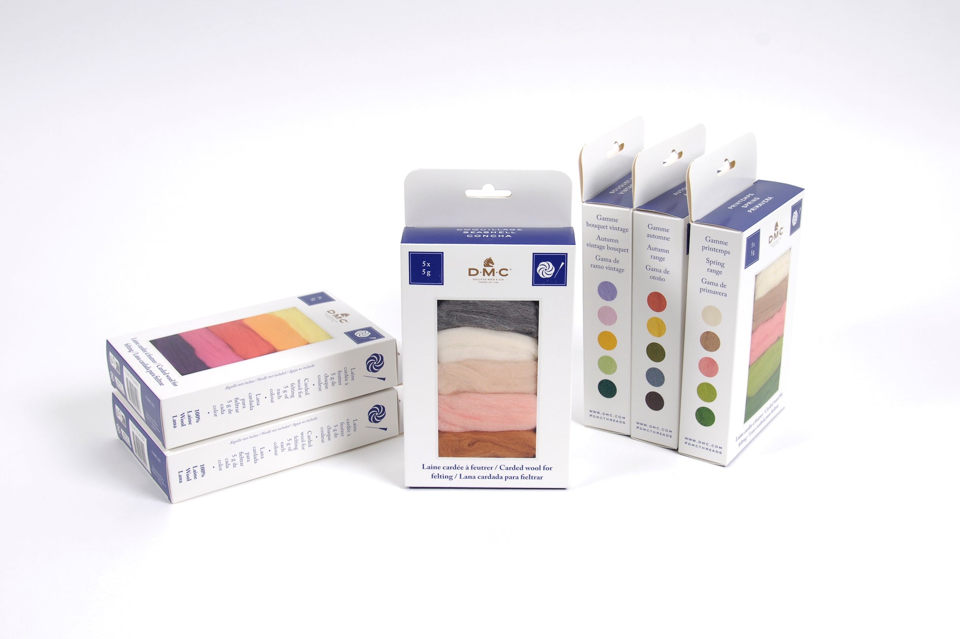 Set de lanas cardadas DMC de 25 g con 5 colores temáticos para fieltrado con aguja, manualidades creativas y proyectos de decoración artesanal.