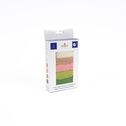 Set de lanas cardadas DMC de 25 g con 5 colores temáticos para fieltrado con aguja, manualidades creativas y proyectos de decoración artesanal.