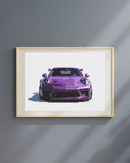 Patrón de punto de cruz del frontal de un Porsche 911 991 GT3 RS de color violeta
