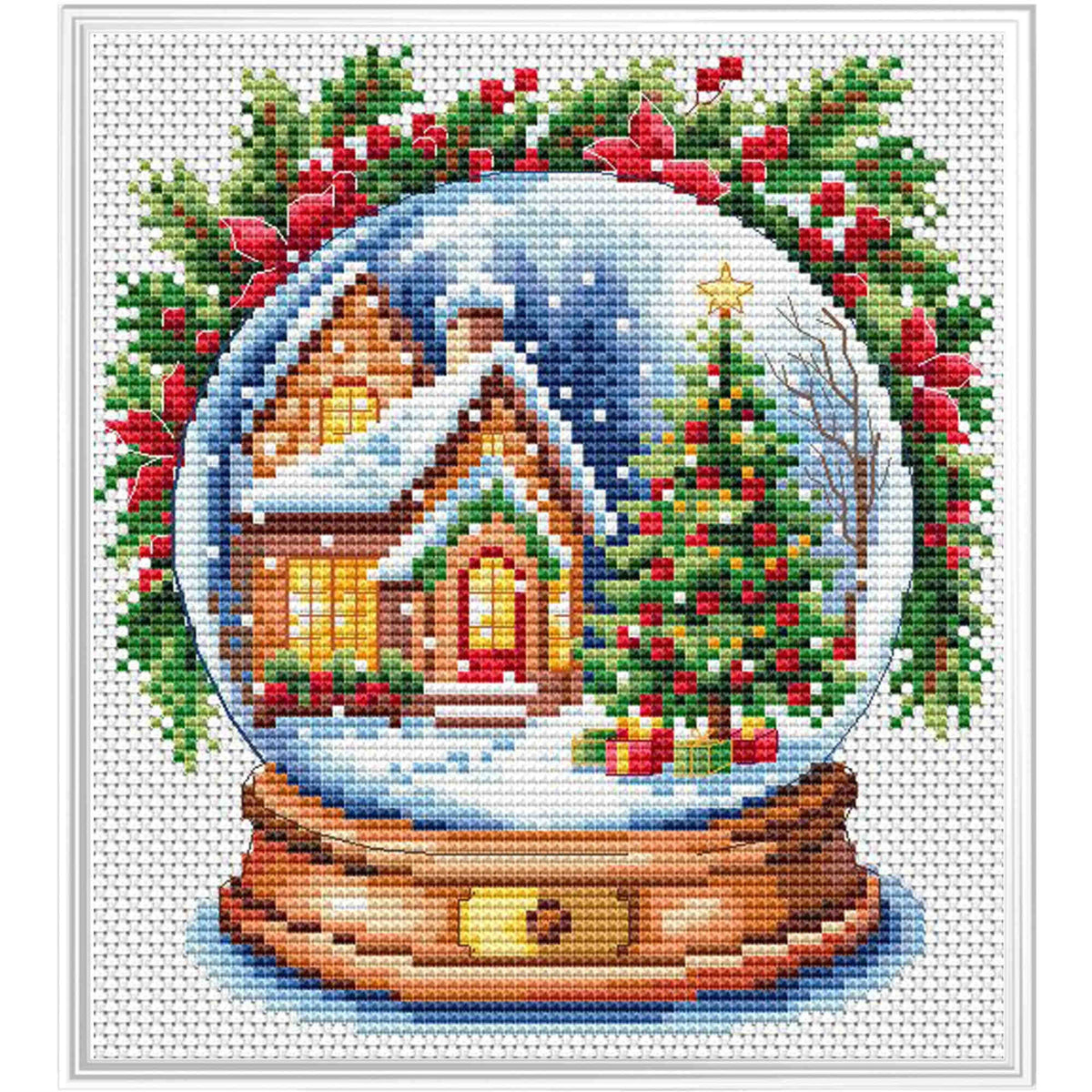 Kit de punto de cruz Collection D'Art Bola de Nieve Navideña con casita iluminada, abeto y corona de acebo