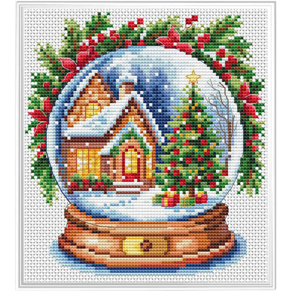 Kit de punto de cruz Collection D'Art Bola de Nieve Navideña con casita iluminada, abeto y corona de acebo