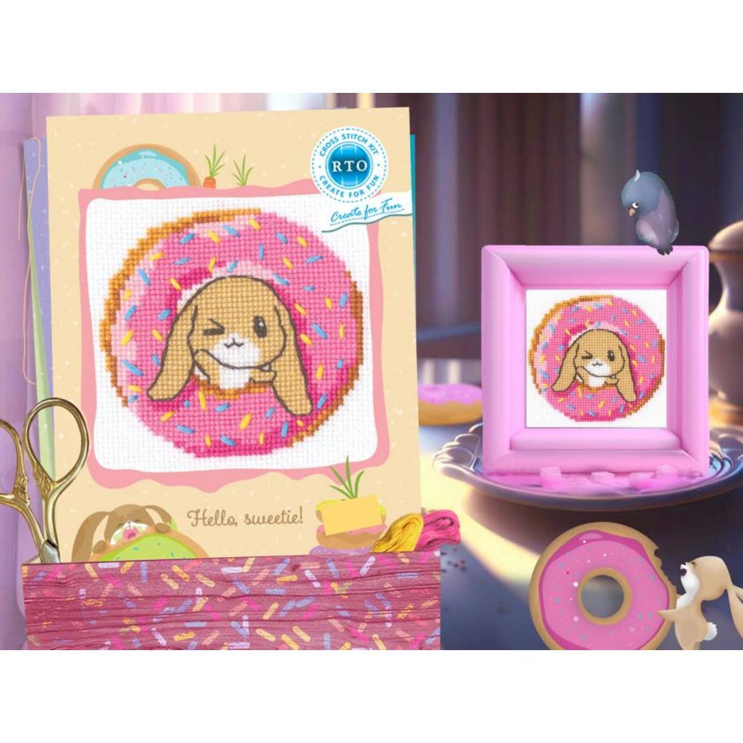 Kit de Punto de Cruz Infantil RTO "Conejito con Donut Rosa" - H294