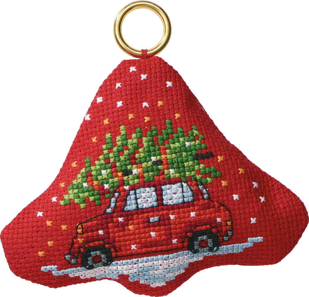 Kit de punto de cruz Permin de adorno de navidad con diseño de campana, coche con árbol de Navidad sobre nieve, tela Aida roja y hilos de algodón DMC.