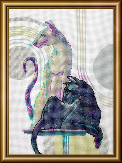 Kit de punto de cruz Aine Gato Místico, diseño de dos gatos egipcios (blanco y negro) sobre estand, incluye tela Aida, hilos de algodón y aguja para bordado.