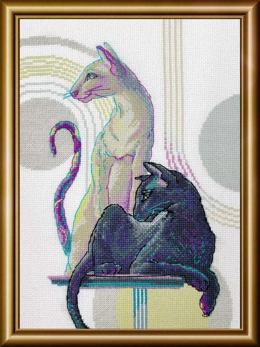 Kit de punto de cruz Aine Gato Místico, diseño de dos gatos egipcios (blanco y negro) sobre estand, incluye tela Aida, hilos de algodón y aguja para bordado.