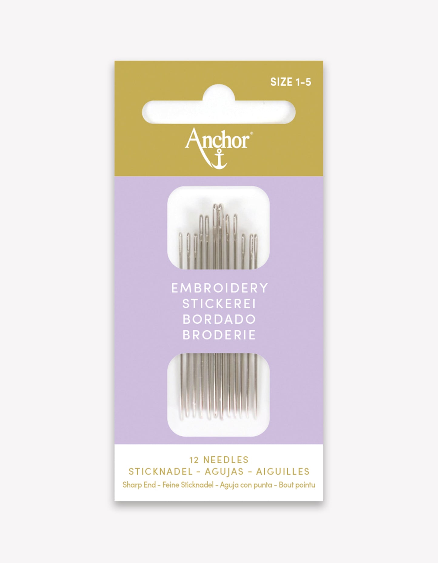 Agujas de bordado con punta Anchor Nº1-5, blíster con 12 agujas de acero niquelado de alta calidad con ojo alargado y punta afilada.