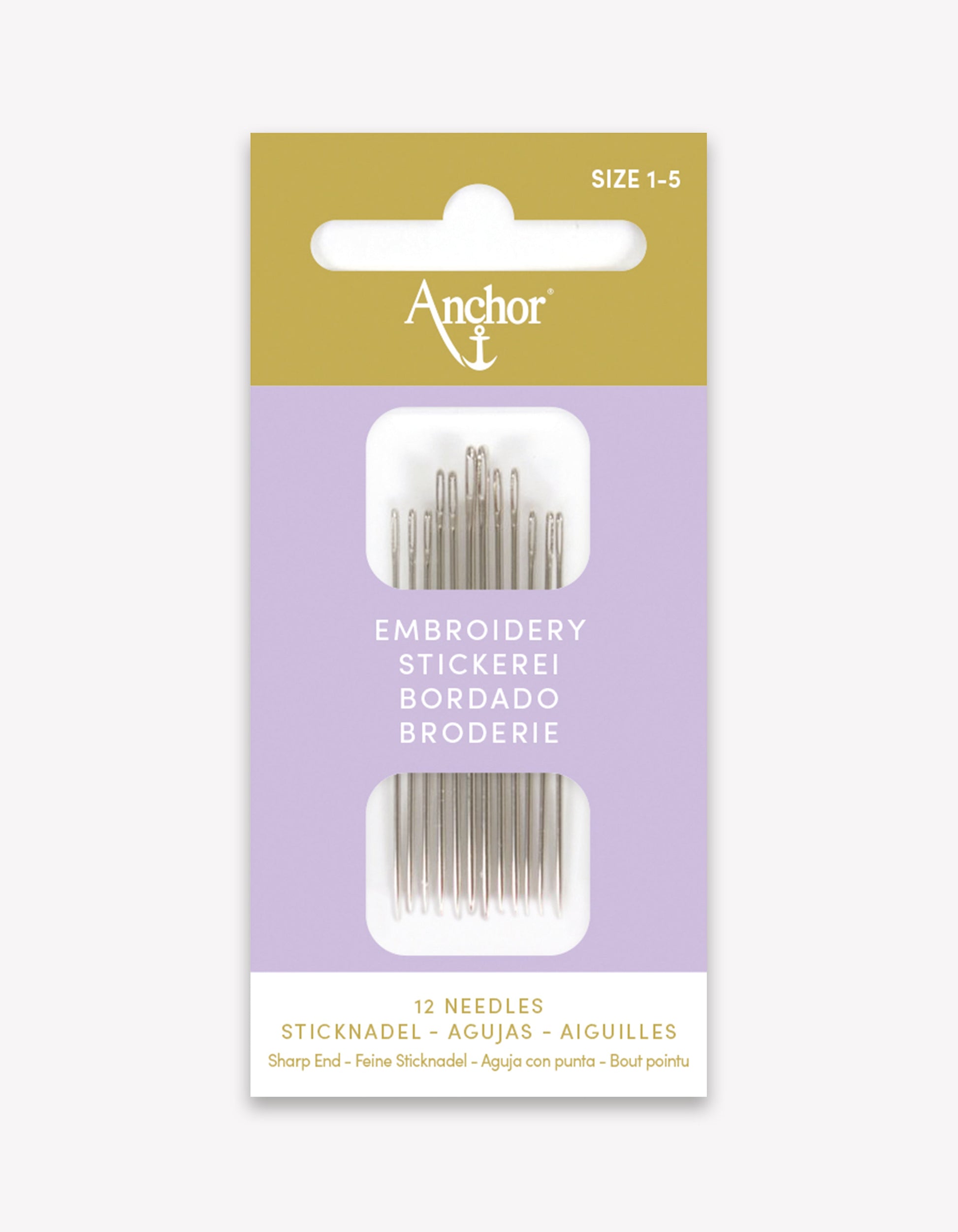 Agujas de bordado con punta Anchor Nº1-5, blíster con 12 agujas de acero niquelado de alta calidad con ojo alargado y punta afilada.