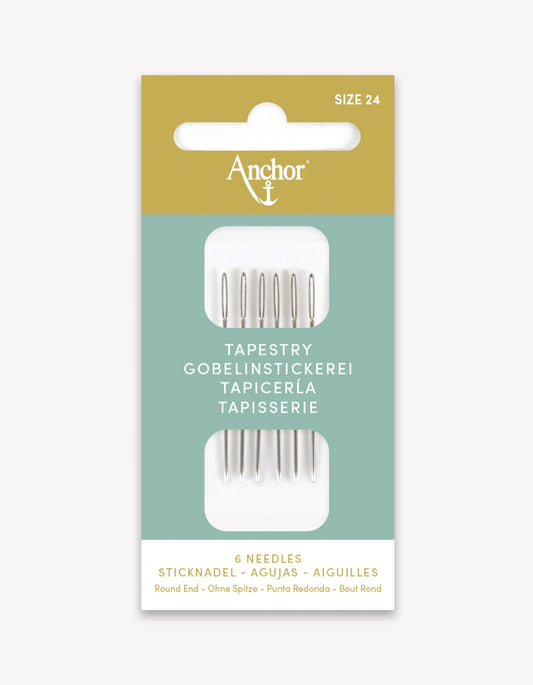 Agujas de tapicería Anchor Nº24 con punta redonda, pack de 6 agujas de acero niquelado de alta calidad ideales para punto de cruz y bordado.