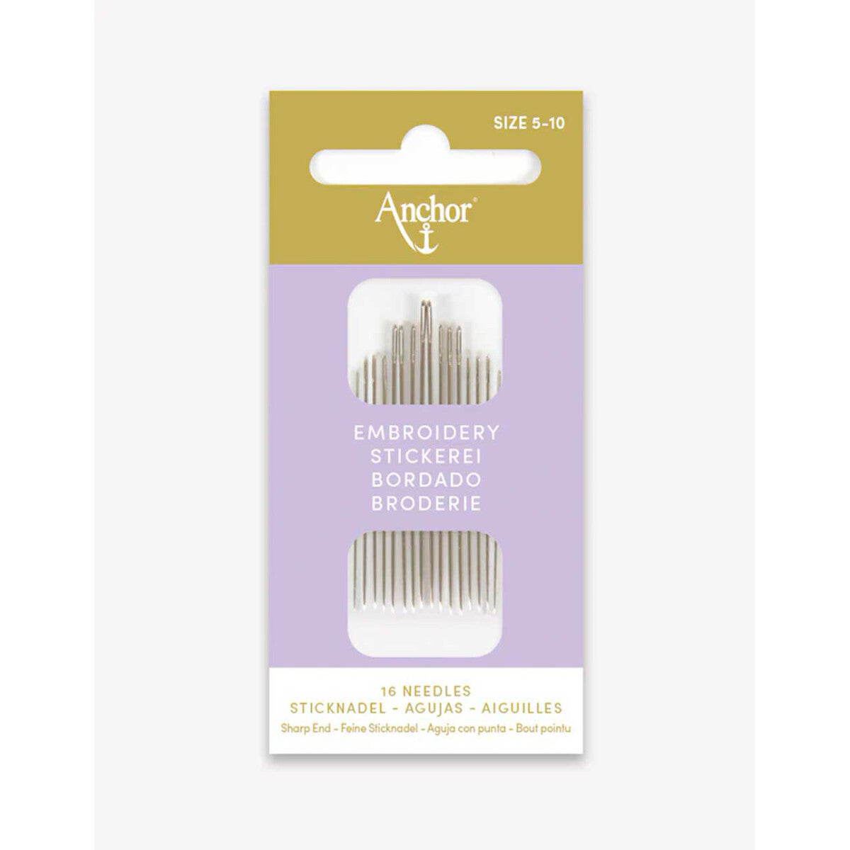 Blister de 16 agujas para bordar con punta Anchor medidas del número 5 al 10