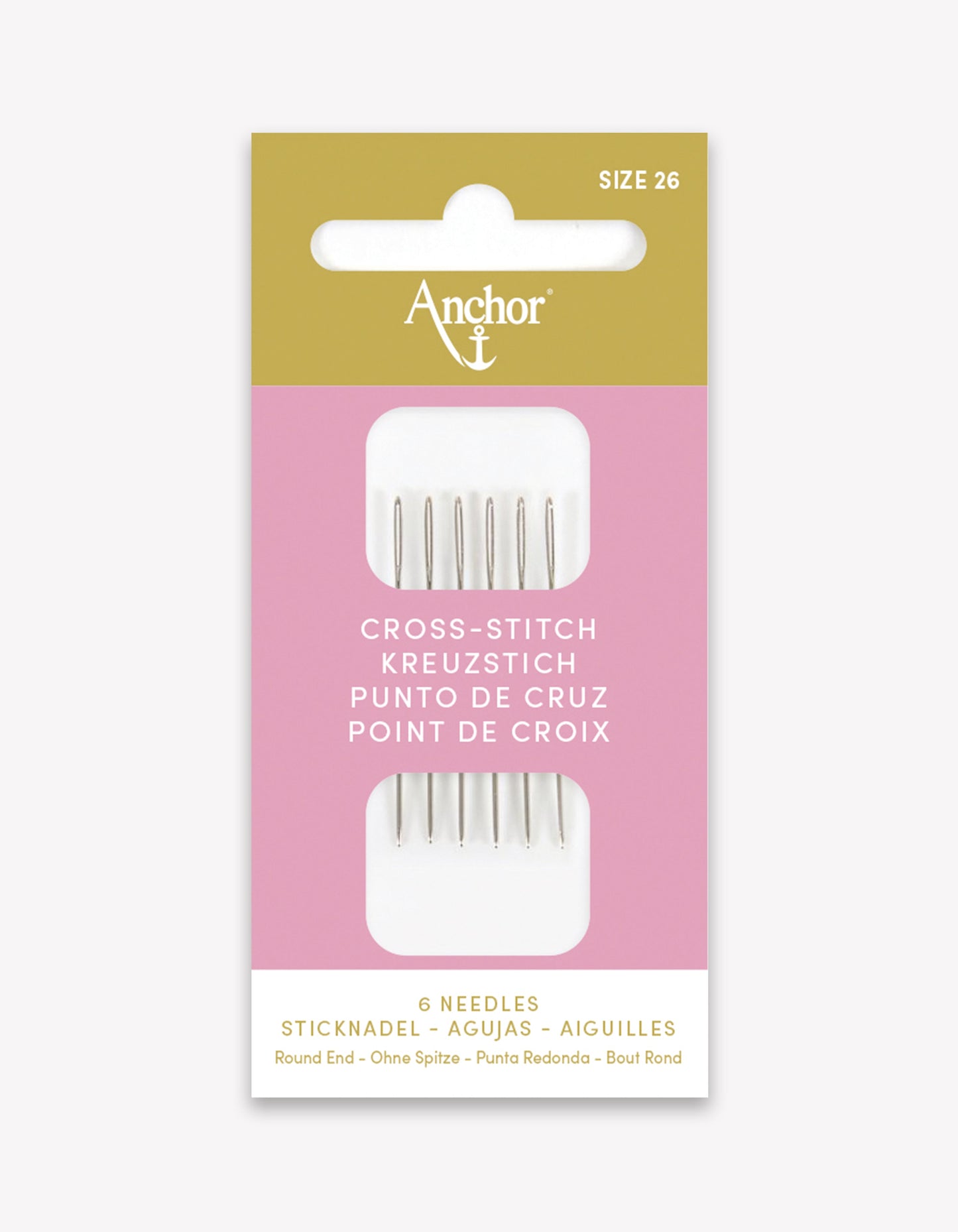 Agujas de punto de cruz Anchor Nº26 con punta redondeada y ojo alargado, pack de 6 agujas de acero niquelado de alta calidad.