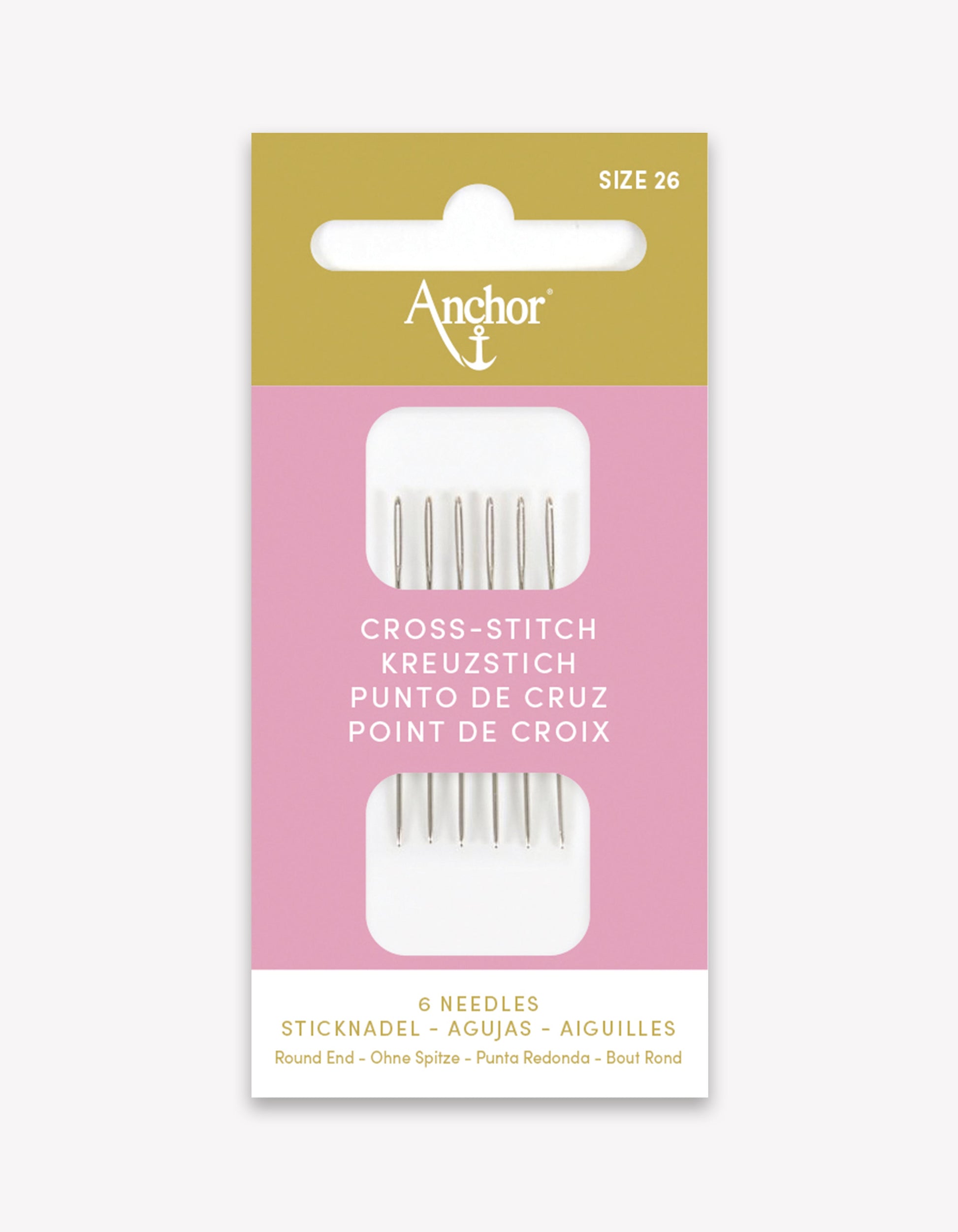 Agujas de punto de cruz Anchor Nº26 con punta redondeada y ojo alargado, pack de 6 agujas de acero niquelado de alta calidad.