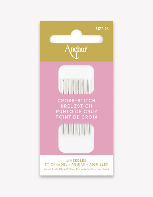 Agujas de punto de cruz Anchor Nº26 con punta redondeada y ojo alargado, pack de 6 agujas de acero niquelado de alta calidad.