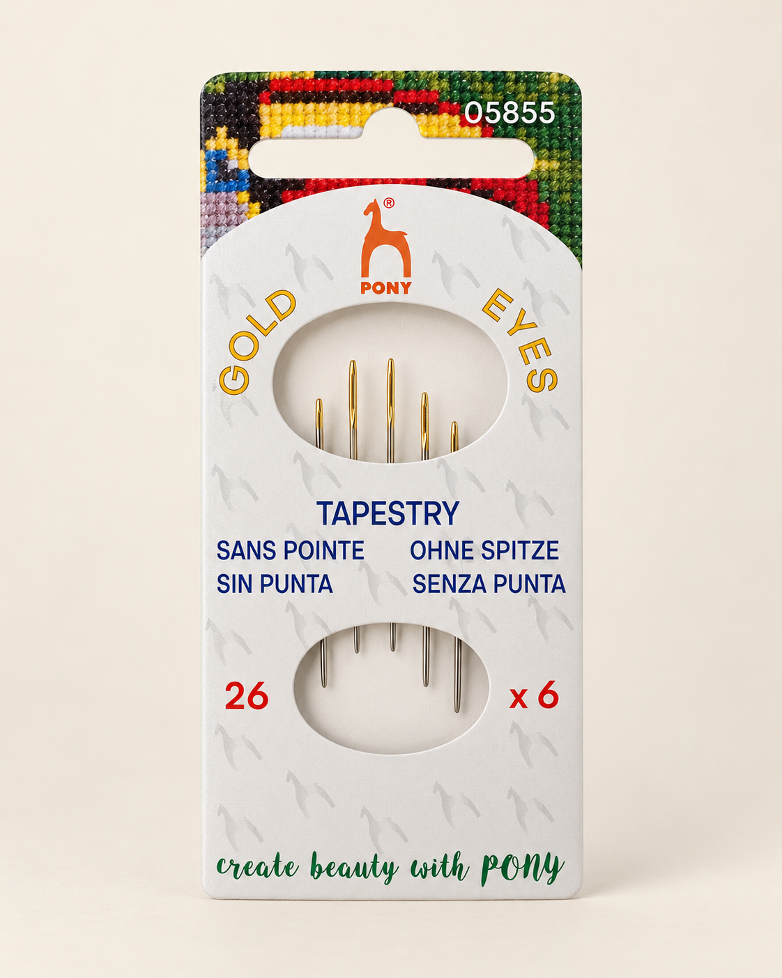 Blíster de 6 agujas sin punta Pony Gold Eyes del número 26 con ojo dorado para bordado