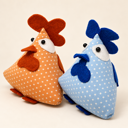 Alfileteros cojín en forma de gallina colores azul y naranja para organizar alfileres