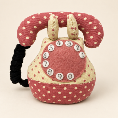 Alfiletero con forma de teléfono vintage en tela de lunares rosa y crema con dial de fieltro