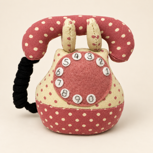Alfiletero con forma de teléfono vintage en tela de lunares rosa y crema con dial de fieltro