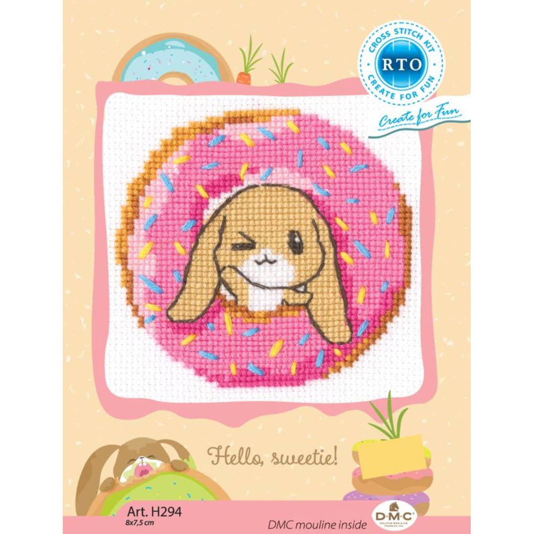 Kit de Punto de Cruz Infantil RTO "Conejito con Donut Rosa" - H294