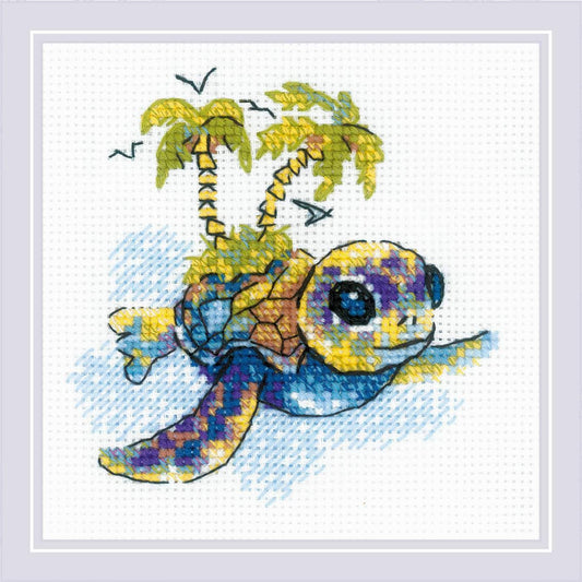 Kit de punto de cruz Riolis Pequeña Tortuga, diseño infantil de tortuga marina, incluye tela Aida, hilos de algodón y aguja, ideal como primer proyecto para niños.