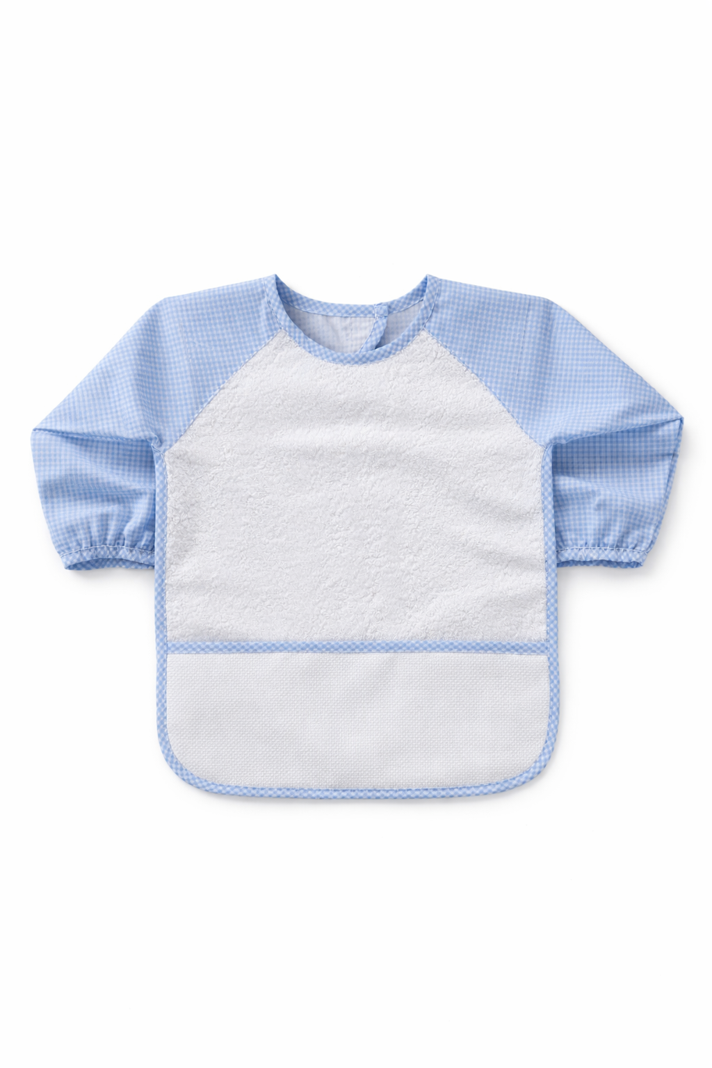 Babero con mangas para bordar BM Ricami color azul con tela Aida 14 ct para personalizar en punto de cruz.