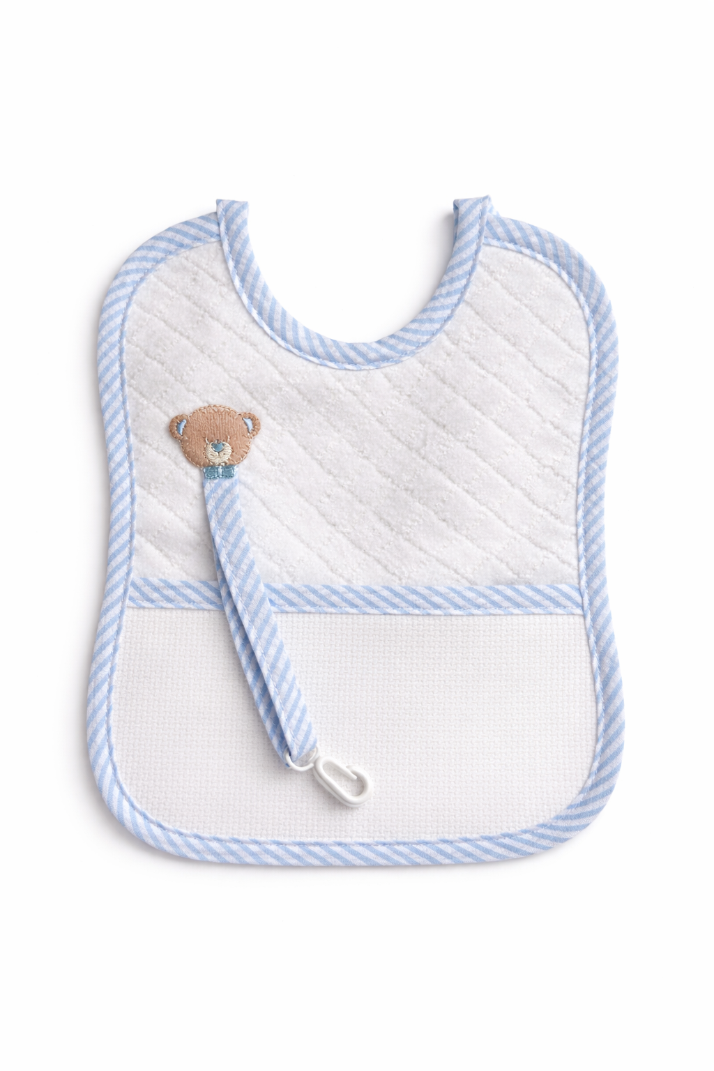 Babero para bordar con porta chupete BM Ricami color azul con osito y tela Aida 14 ct para personalizar en punto de cruz.