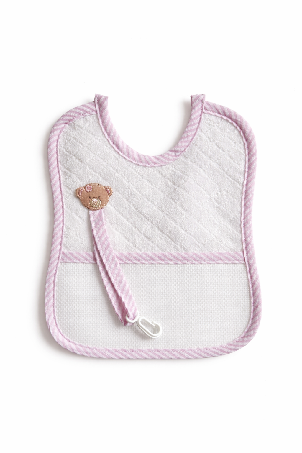 Babero para bordar con porta chupete BM Ricami color rosa con osito y tela Aida 14 ct para personalizar en punto de cruz.