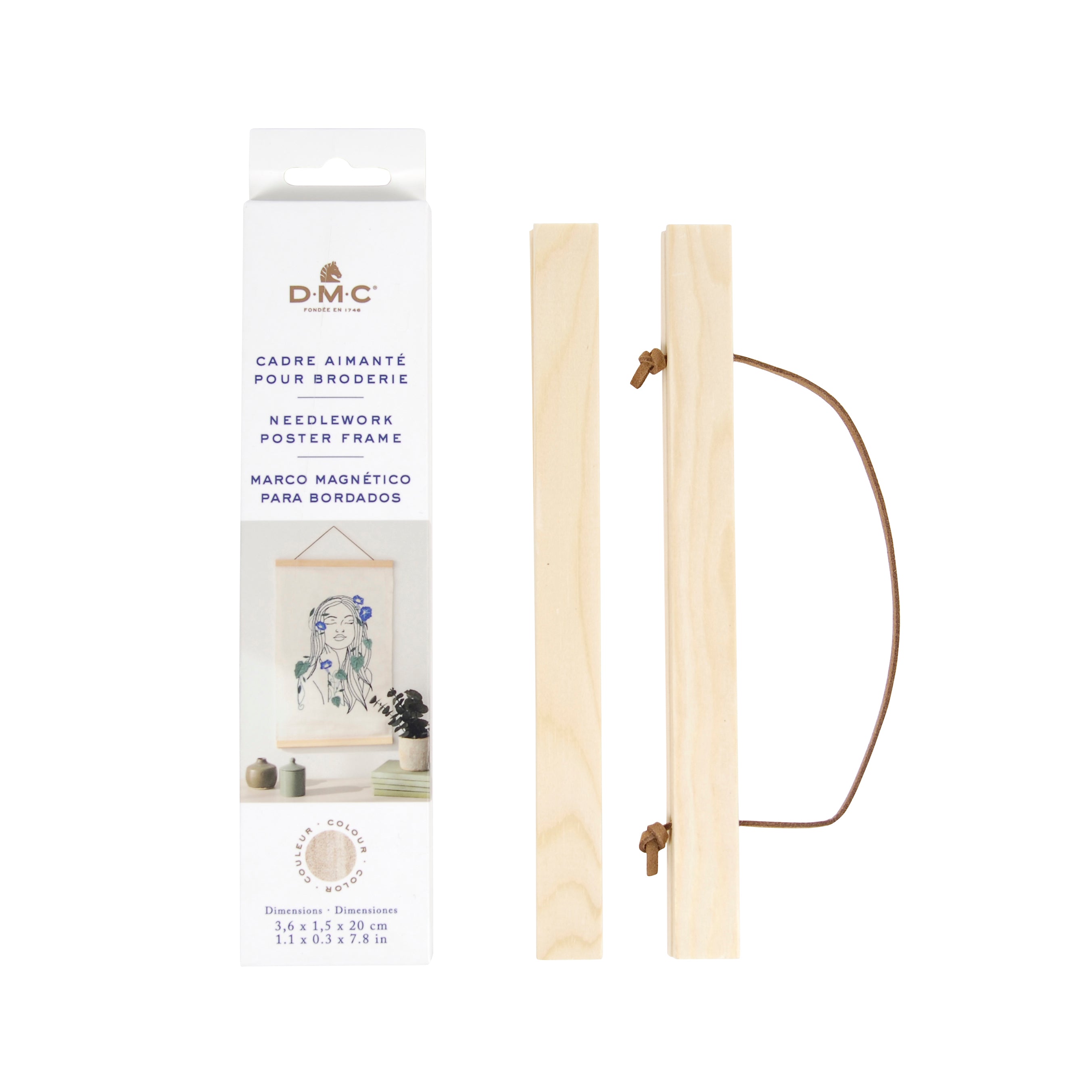 Bastidor magnético DMC de madera natural con 4 listones para enmarcar bordados A4. Compatible con todo tipo de tejidos y perfecto para decorar paredes.
