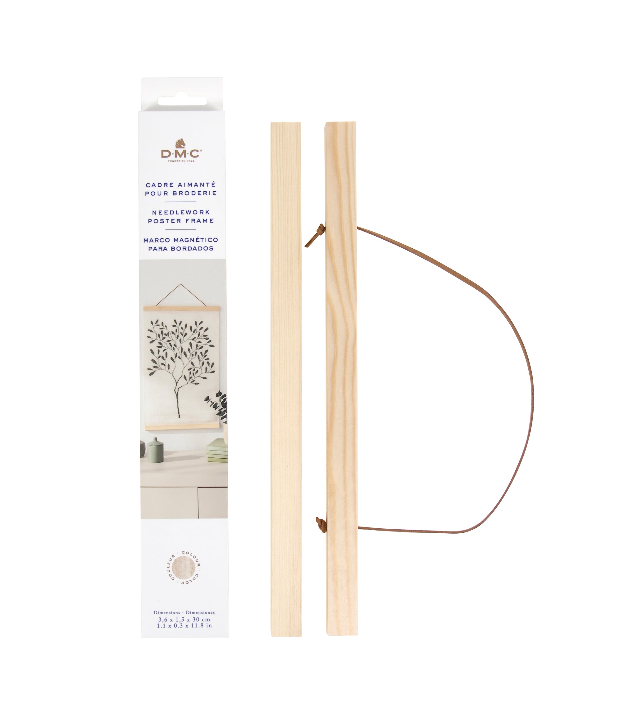 Bastidor magnético DMC de madera natural con 4 listones para enmarcar bordados A3. Compatible con todo tipo de tejidos y perfecto para decorar paredes.