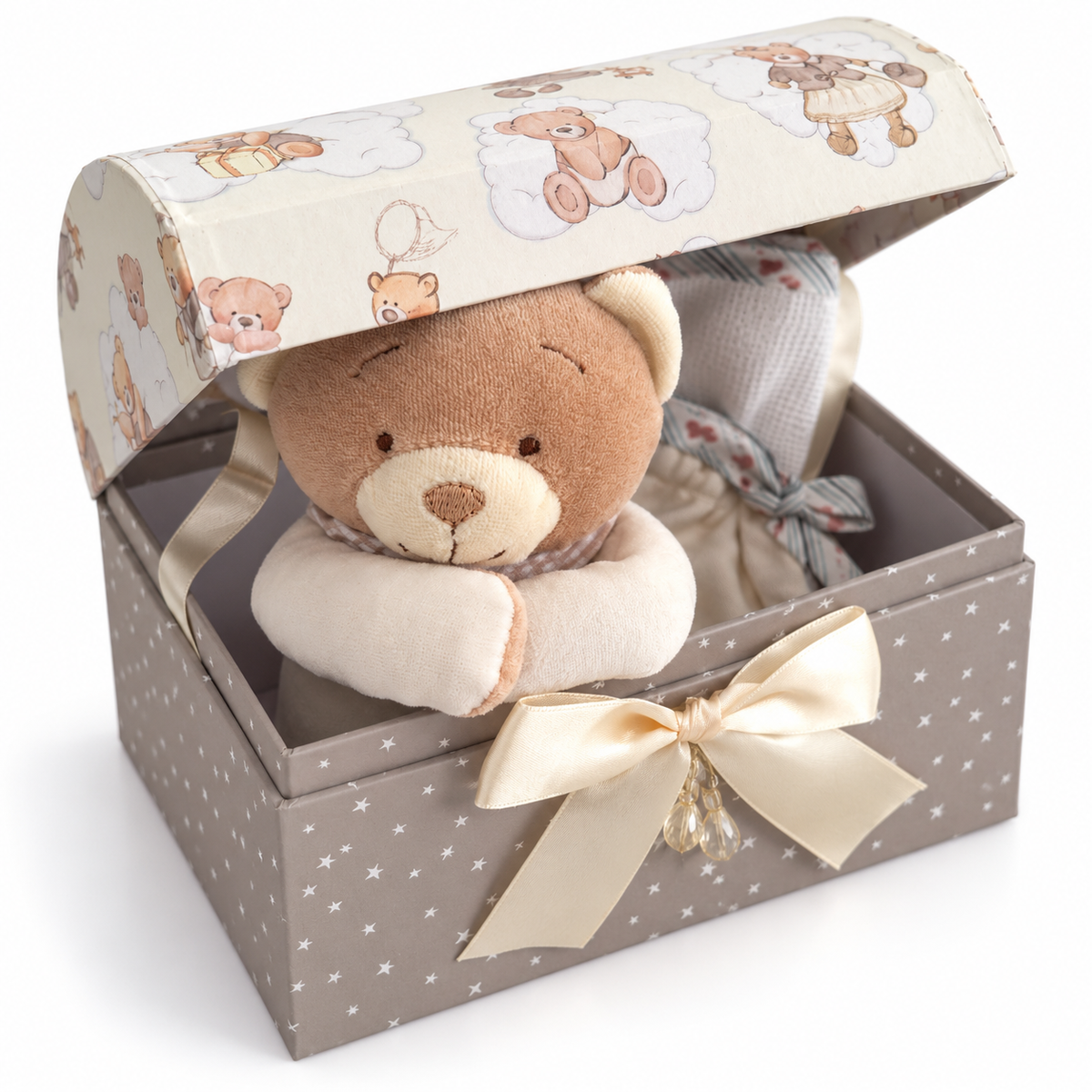 Baúl canastilla de bebé BM Ricami para bordar con osito de peluche, babero, portachupete y portabiberón