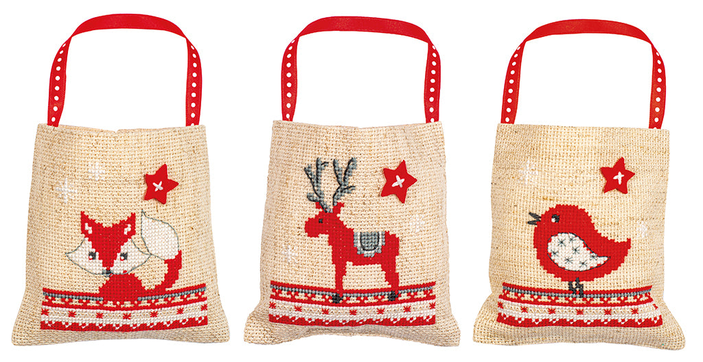 Set de 3 Bolsitas de Regalo en Punto de Cruz "Animales de Navidad" - Vervaco