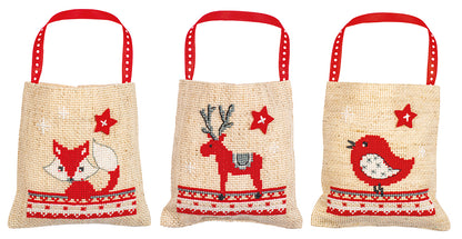 Set de 3 Bolsitas de Regalo en Punto de Cruz "Animales de Navidad" - Vervaco