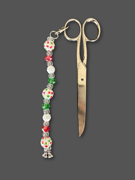 Buscatijeras de abalorios artesanal para tijeras de modista, diseño navideño con campanas de Navidad, fabricado en España, 20 cm.