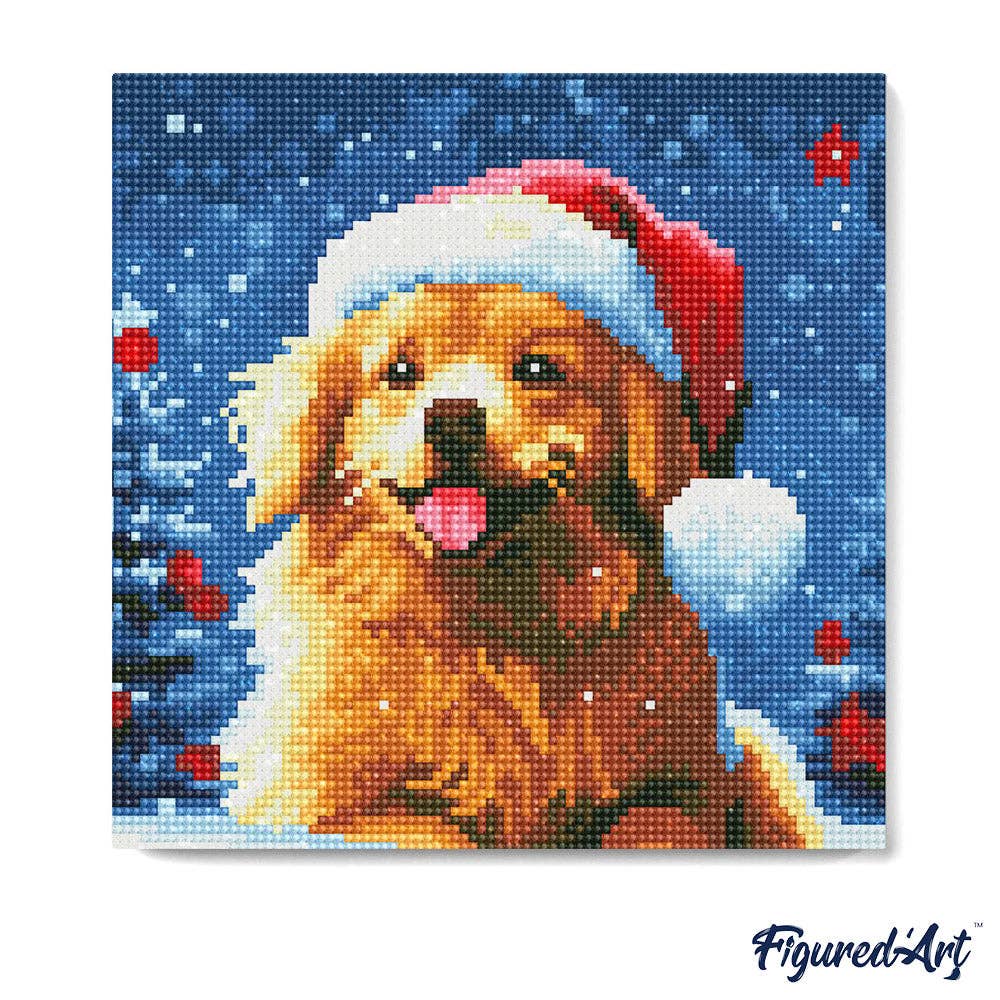 Kit de punto diamante Figured’Art Perro Juguetón en Navidad 25x25 cm con cachorro navideño y diamantes redondos.
