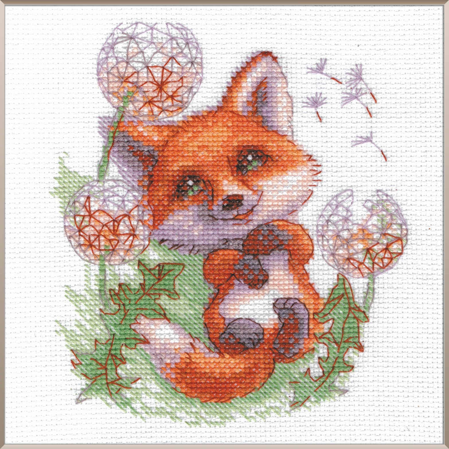 Kit de punto de cruz AINE Zorro Diente de León con zorro y flores de diente de león.